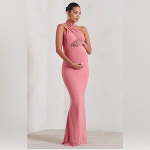 Club L London Alba blush pink maternity halter asymmetric maxi dress